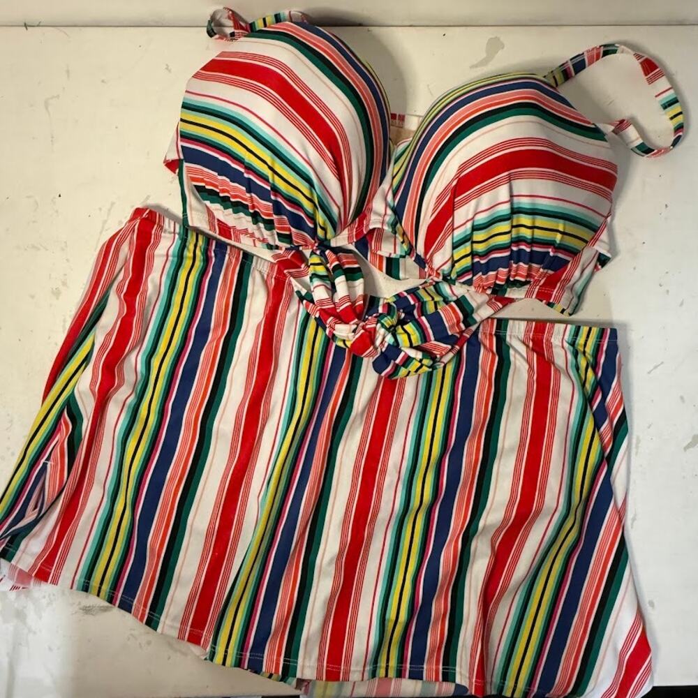 Cacique Swim Bikini Set 44DD Top Size 20 Bottom Colorful Striped Plus Size Swim